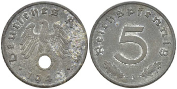 ГЕРМАНИЯ 5 РЕЙХСПФЕННИГОВ 1942 А KM 100, J. 370 цинк 206-1243