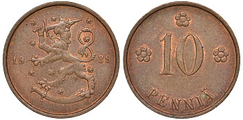 Финляндия 10 пенни 1939 KM 24 медь 51-3153