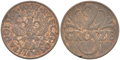 ПОЛЬША 2 ГРОША 1937 w KM 9а бронза 100-455