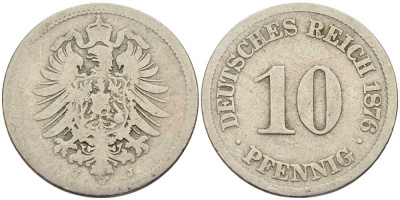Германия 10 пфеннигов 1876 J, старогербовка KM 4, Jager 4, Weege 7 медно-никель 4401-314
