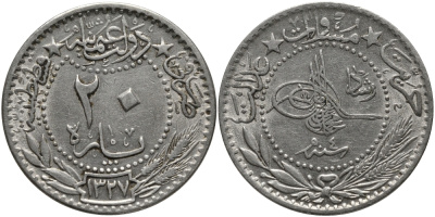 Турция 20 пара 1909 AH 1327, Османская империя, Султан Мехмед V (1909-1918) KM 761 никель 4382-946