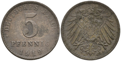 Германия 5 пфеннигов 1919 A KM 19, J. 297 железо 4151-619