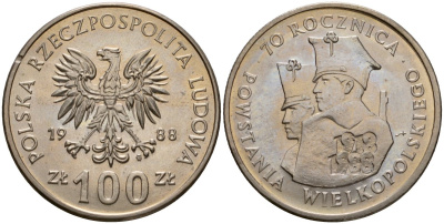 Польша 100 злотых 1988 MW, 70 лет Великопольскому восстанию Y 182 медно-никель UNC 81-1145