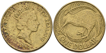 Новая Зеландия 1 доллар 1990 Елизавета II (1952-2022), птица киви KM 78 алюминиевая бронза 29-511