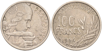 ФРАНЦИЯ 100 ФРАНКОВ 1954 В KM 919.2. LE FRANC 450.3 медно-никель 4556-156