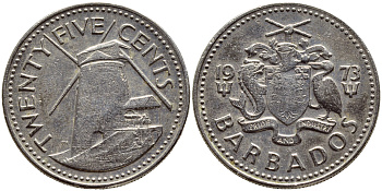 Барбадос 25 центов 1973 ветряная мельница Моргана Льюиса KM 13 медно-никель 4398-341