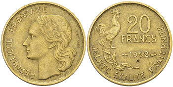 ФРАНЦИЯ 20 ФРАНКОВ 1952 В KM 917.2, LE FRANC 402.10 алюминиевая бронза 175-653