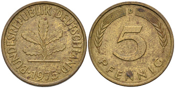 ФРГ 5 ПФЕННИГОВ 1975 D KM 107, J.382 сталь плакированная латунью 4567-869