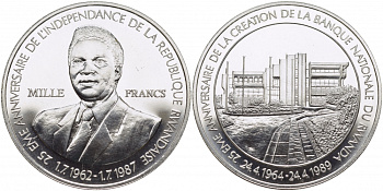 Руанда 1000 франков 1989 25 лет Национальному банку и 25 лет Независимости KM 17 серебро UNC 1071-9-41