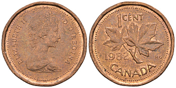 Канада 1 цент 1982 Елизавета II (1952-2022), кленовый лист KM 132 бронза 4609-166