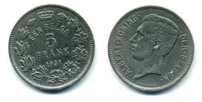 БЕЛЬГИЯ 5 ФРАНКОВ 1931 BELGEN KM 98 никель 86-916