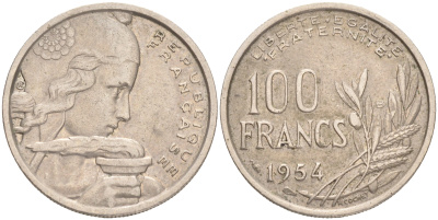 ФРАНЦИЯ 100 ФРАНКОВ 1954 В KM 919.2. LE FRANC 450.3 медно-никель 4556-156