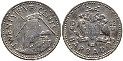 Барбадос 25 центов 1973 ветряная мельница Моргана Льюиса KM 13 медно-никель 4398-341