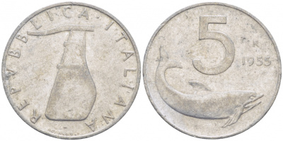 ИТАЛИЯ 5 ЛИР 1955 R, РУЛЬ, ДЕЛЬФИН KM 92 алюминий 3718-254