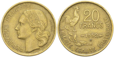 ФРАНЦИЯ 20 ФРАНКОВ 1952 В KM 917.2, LE FRANC 402.10 алюминиевая бронза 175-653
