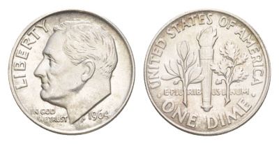 США 1 дайм (10 центов) 1964 KM 195 серебро aUNC 4639-229