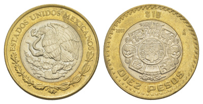 Мексика 10 песо 2007 Мо, бог Тонатиуха с огненной маской KM 616 биметалл aUNC 4637-725