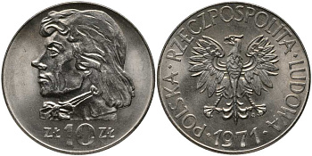 ПОЛЬША 10 ЗЛОТЫХ 1971 MW, КОСТЮШКО KM 50а медно-никель UNC 180-215