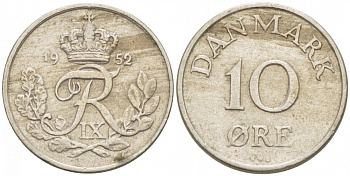 ДАНИЯ 10 ЭРЕ 1952 N; S, ФРЕДЕРИК IX (1947-1972) KM 841.1 медно-никель 3309-617