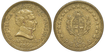 Уругвай 10 песо 1965 KM 48 алюминиевая бронза 4572-822