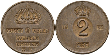 Швеция 2 эре 1954 TS, Густав VI Адольф (1950-1973) КМ 821 бронза 4602-654