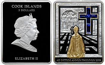 Острова Кука 5 долларов 2008 Папа Римский, распятие, синий крест, стразы, позолота серебро PROOF 11-041-34