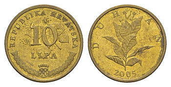 Хорватия 10 лип 2005 табак обыкновенный, нечетный год KM 6 сталь плакированная латунью UNC 3309-552