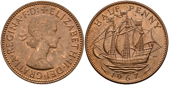 Великобритания 1/2 пенни 1967 Елизавета II (1952-2022) KM 896, Spink 4158 бронза UNC 4156-513