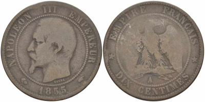 Франция 10 сантимов 1855 A, Наполеон III (1852-1870) KM 771.1, Le Franc 133.19 бронза    4680-533