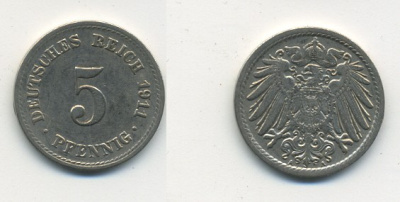 Германия 5 пфеннигов 1911 A KM 11, J. 12, Weege 6 медно-никель 25-826