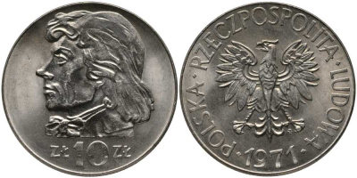 ПОЛЬША 10 ЗЛОТЫХ 1971 MW, КОСТЮШКО KM 50а медно-никель UNC 180-215