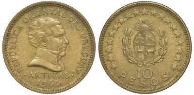Уругвай 10 песо 1965 KM 48 алюминиевая бронза 4572-822