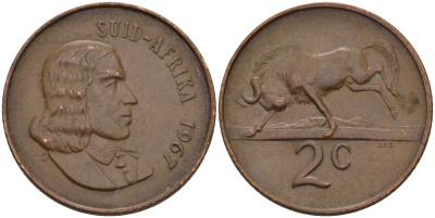 ЮАР 2 цента 1967 Ян ван Рибек (1619-1677), Suid Africa, легенда на африкаанс, антилопа гну KM 66.2 бронза aUNC 67-313