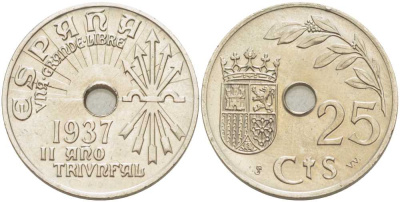 Испания 25 сентимо 1937 год тип KM 753 медно-никель UNC 65-812