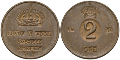 Швеция 2 эре 1954 TS, Густав VI Адольф (1950-1973) КМ 821 бронза 4602-654