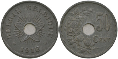 Бельгия 50 сантимов 1918 Альберт I (1909-1934) KM 83 цинк 4620-724