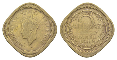 Британская Индия 2 анны 1942 Георг VI (1936-1952) KM 541a никель латунь 4650-947