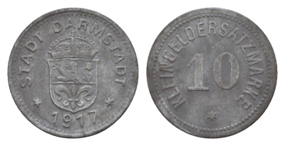 Дармштадт 10 пфеннигов 1917 Funck 88.1A, Men05 4934.1, Men18 6167.1 цинк 4659-261