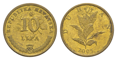 Хорватия 10 лип 2005 табак обыкновенный, нечетный год KM 6 сталь плакированная латунью UNC 3309-552