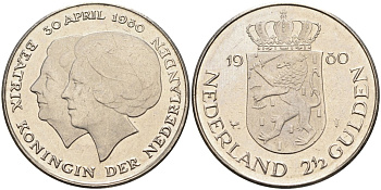 Нидерланды 2 1/2 гульдена 1980 коронация Беатрикс, 30 апреля 1980 KM 201 никель 4587-1213