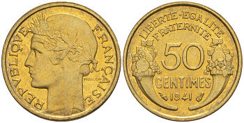 ФРАНЦИЯ 50 САНТИМОВ 1941 ТИП MORLON KM 894.1, LE FRANC 192.18 алюминиевая бронза 44-642