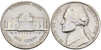 США 5 ЦЕНТОВ 1972 D ДЖЕФФЕРСОН KM A192 медно-никель 190-117
