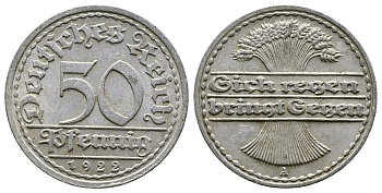 ГЕРМАНИЯ 50 ПФЕННИГОВ 1922 A KM 27, J. 301, Weege 10 алюминий 4380-857