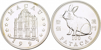 Макао 100 патака 1999 лунный календарь, год кролика KM 92 серебро UNC 1085-9-11