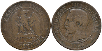 ФРАНЦИЯ 10 САНТИМОВ 1854 К, НАПОЛЕОН III (1852-1870) KM 771.5 бронза 32-933