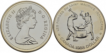 Канада 1 доллар 1988 250 лет кузницам Сен-Мориса, Елизавета II (1952-) KM 161 серебро UNC 1077-9-41