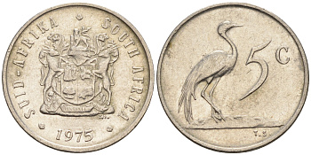 ЮАР 5 центов 1975 герб, райский журавль KM 84 никель 4115-212
