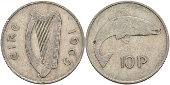 Ирландия 10 пенсов 1969 лосось KM 23 медно-никель 4144-1014