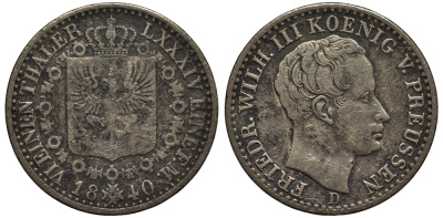 Пруссия 1/6 талера 1840 D, ФРИДРИХ ВИЛЬГЕЛЬМ III (1797-1840) KM 411 серебро 00-00