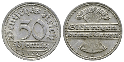 ГЕРМАНИЯ 50 ПФЕННИГОВ 1922 A KM 27, J. 301, Weege 10 алюминий 4380-857